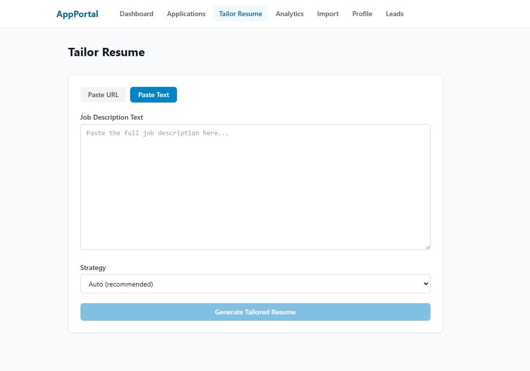 Tailored resume generation screen